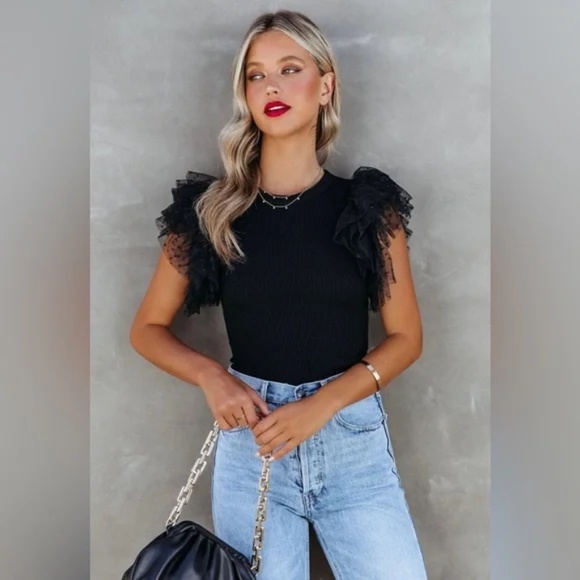 09 Swiss Dot Black Mesh Ruffle Sleeve Fitted Top - Picture 8 of 9